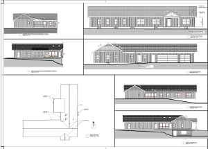 accessory dwelling unit floor plan Maine. Composite page of architectural elevations: four views of a single-story building with vertical siding, gabled roof, and multiple windows/doors (North, South, East, West).
